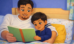2. Ayah Membacakan Buku Cerita untuk Anak