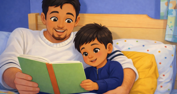 2. Ayah Membacakan Buku Cerita untuk Anak