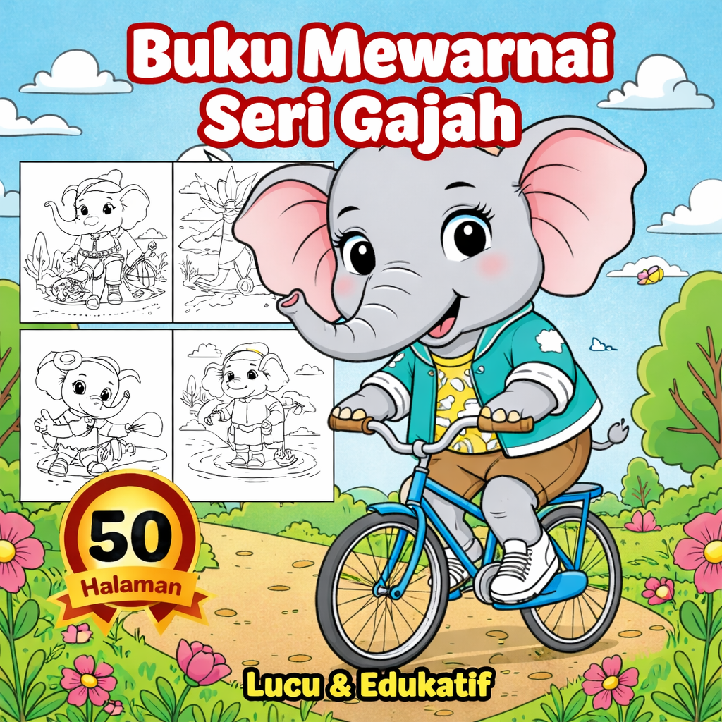 Colorful elephant adventure coloring book cover 🐘 Buku Mewarnai untuk Anak, Seri Gajah - PDF – 50 Halaman, Lucu & Edukatif